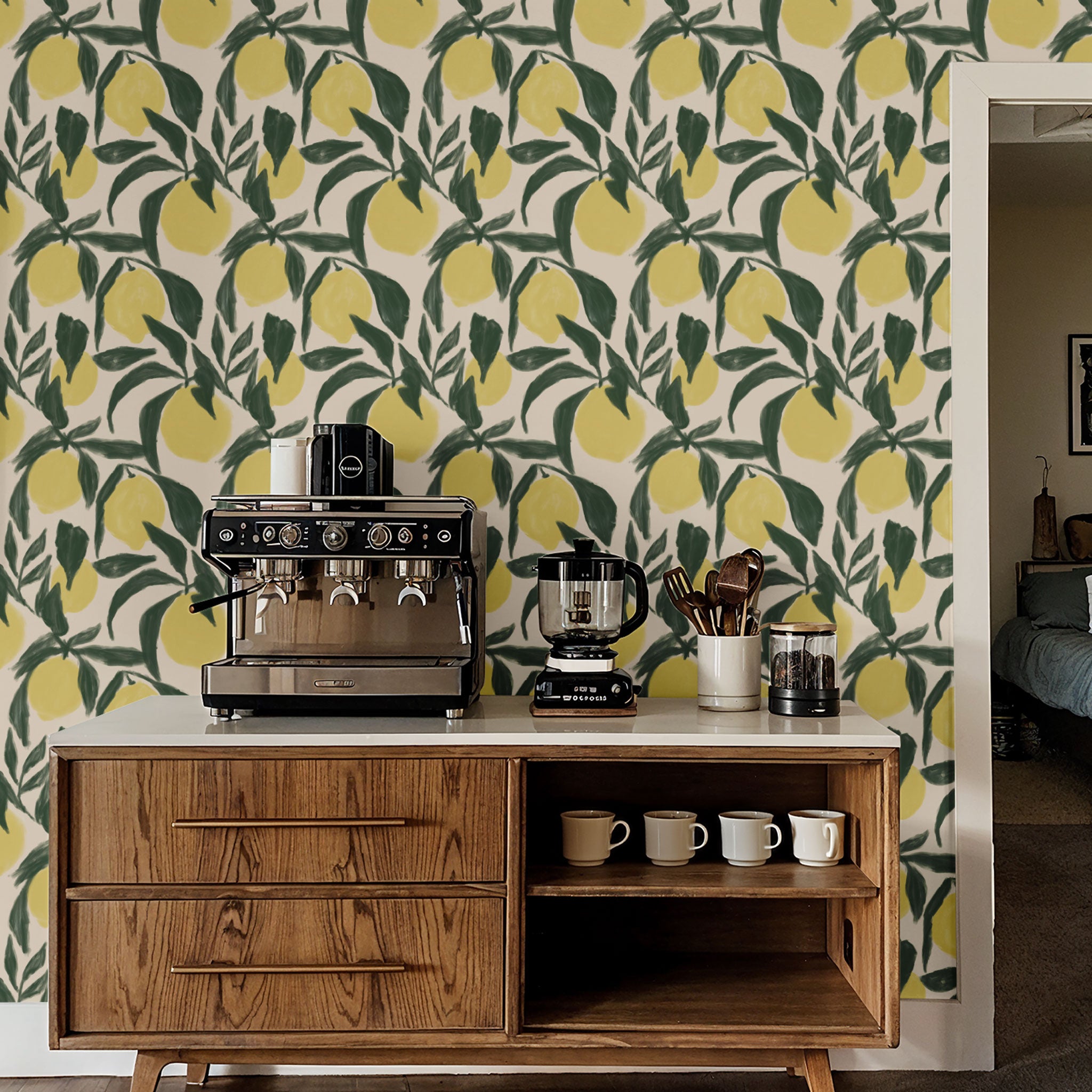 "Zesty Wallpaper by Wall Blush, vivid lemon pattern brightening a stylish kitchen interior"