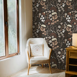 "Mushy (Charcoal) Wallpaper by Wall Blush in stylish living room interior, focus on floral wall design."