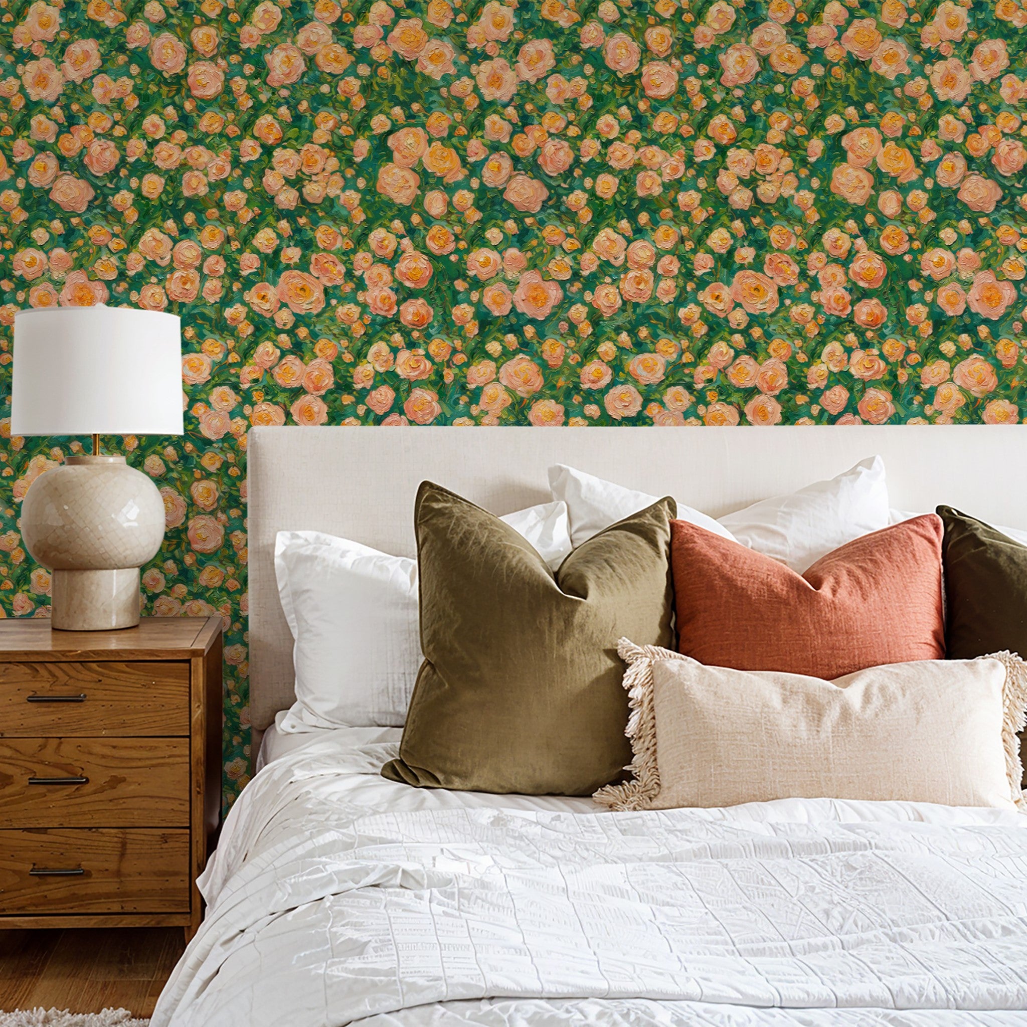 Wall Blush's Spring Serenade Wallpaper in cozy bedroom setting, featuring vibrant floral design.