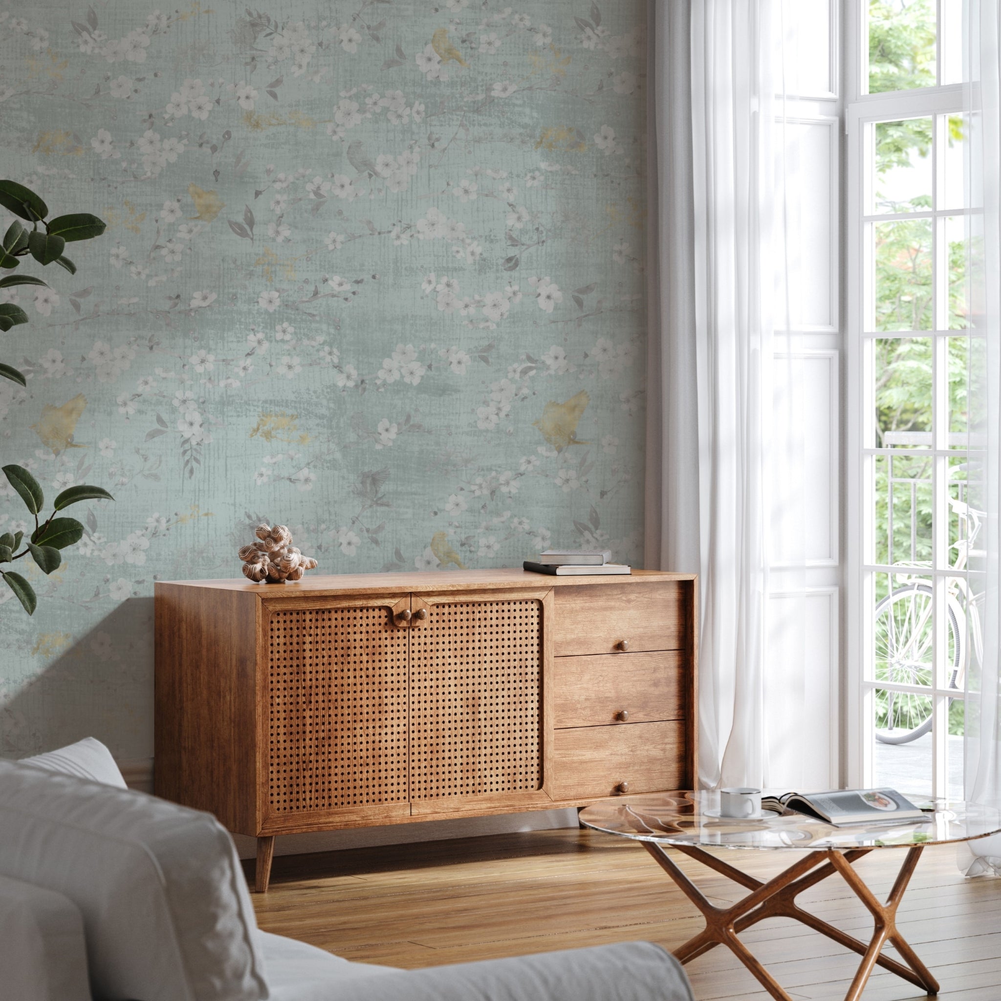 "Kinsbeth Wallpaper by Wall Blush in a stylish living room, highlighting the elegant floral pattern."