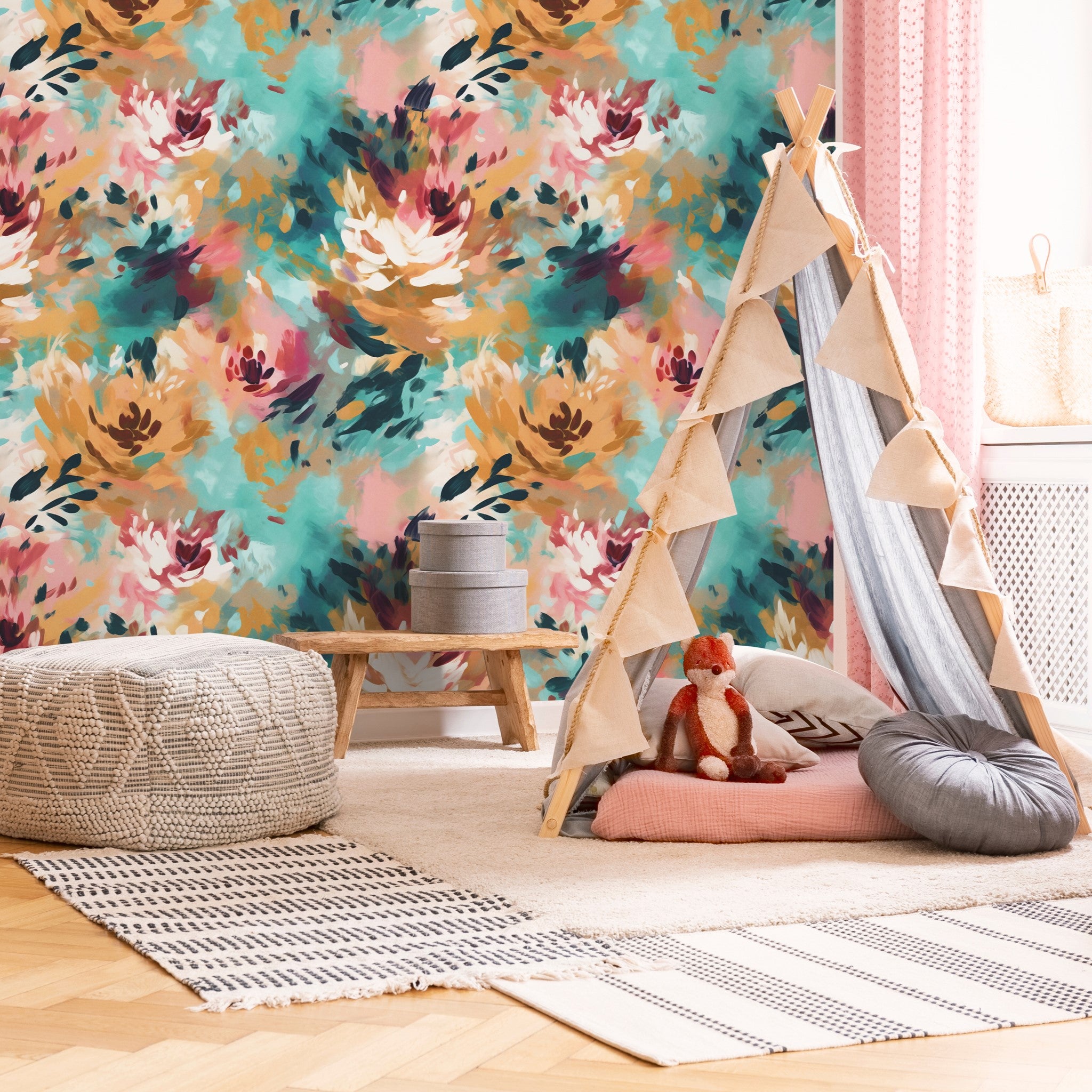 "Zinnia Wallpaper by Wall Blush in a cozy children's room with a playful teepee and modern decor."