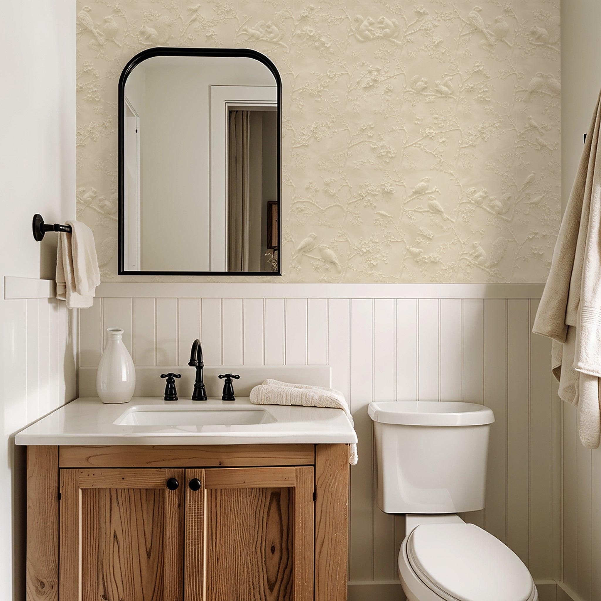 "Elegant Ivory Wallpaper by Wall Blush enhancing the bathroom decor, focused on textured wall finish."