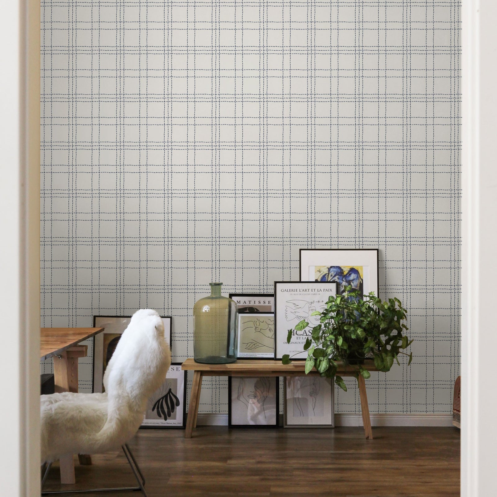 Jovie - Blue and Off-White Stitched Plaid Wallpaper