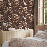 "Mushy (Maroon) Wallpaper by Wall Blush in a cozy bedroom, highlighting elegant floral patterns."