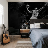"The GOAT Wallpaper by Wall Blush in a stylish bedroom, emphasizing the bold sports-themed design."