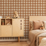 "Cozy bedroom featuring The William Wallpaper by Wall Blush with plaid pattern, focusing on the elegant wall design."
