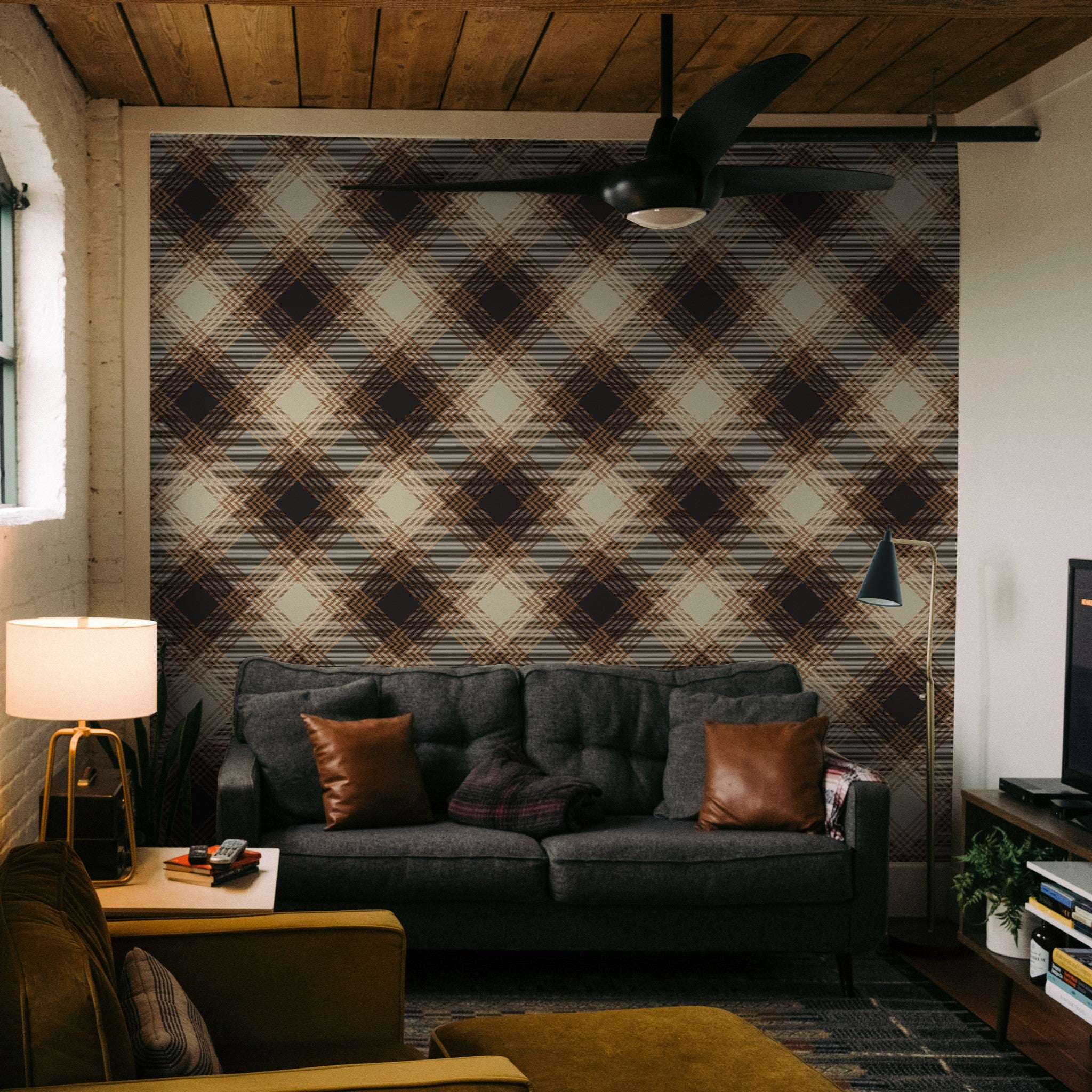 "Cozy living room featuring Wall Blush Franklin Wallpaper with plaid design accent wall and stylish decor."