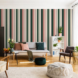 "Wall Blush's Mitzy Wallpaper featured in a modern living room, enhancing the space with its stylish stripes."