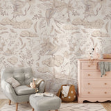 "Wall Blush's Odette Wallpaper in a stylish living room featuring elegant bird and floral design for a serene space."
