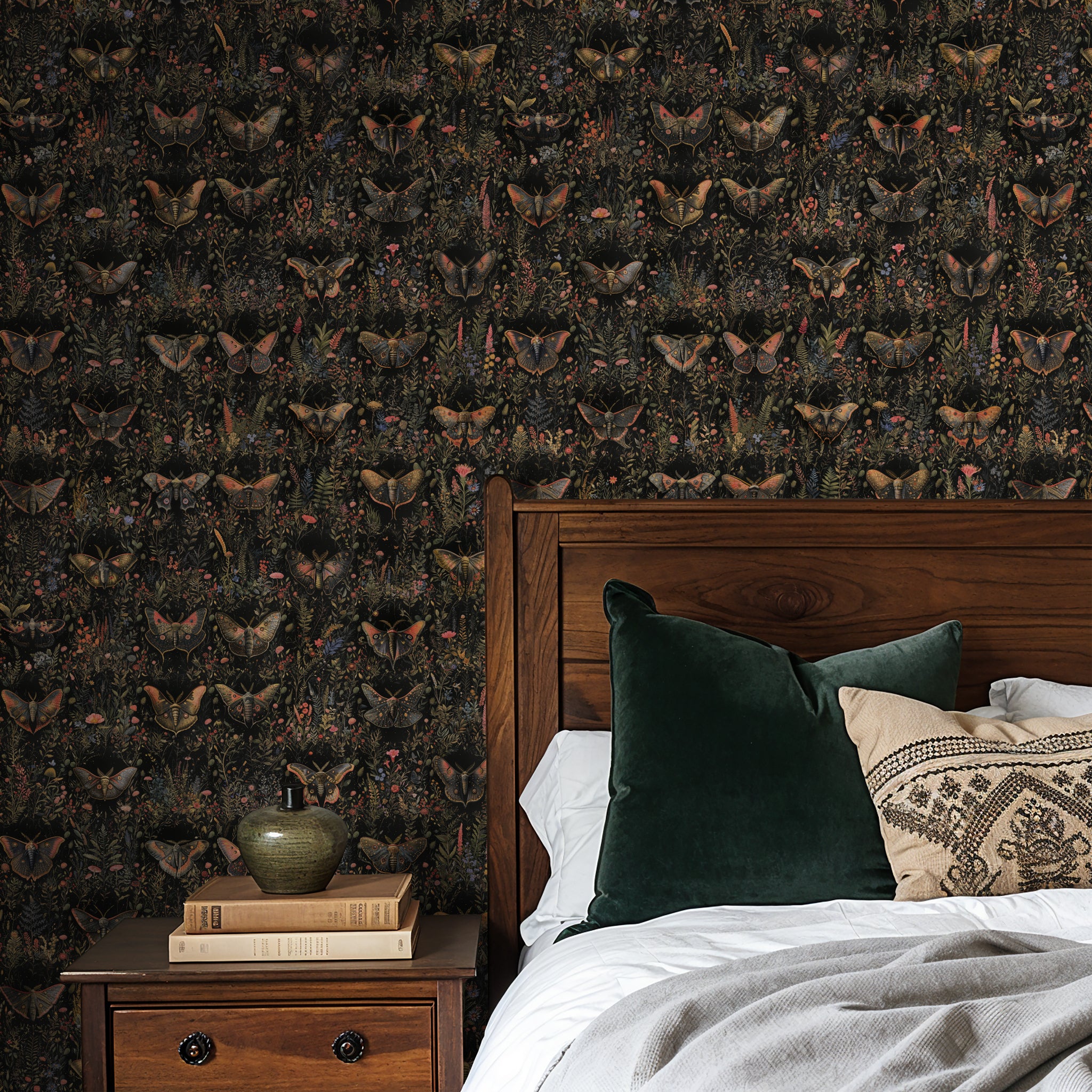 "Papillon Wallpaper by Wall Blush in cozy bedroom, featuring dark butterfly design as the focal point."