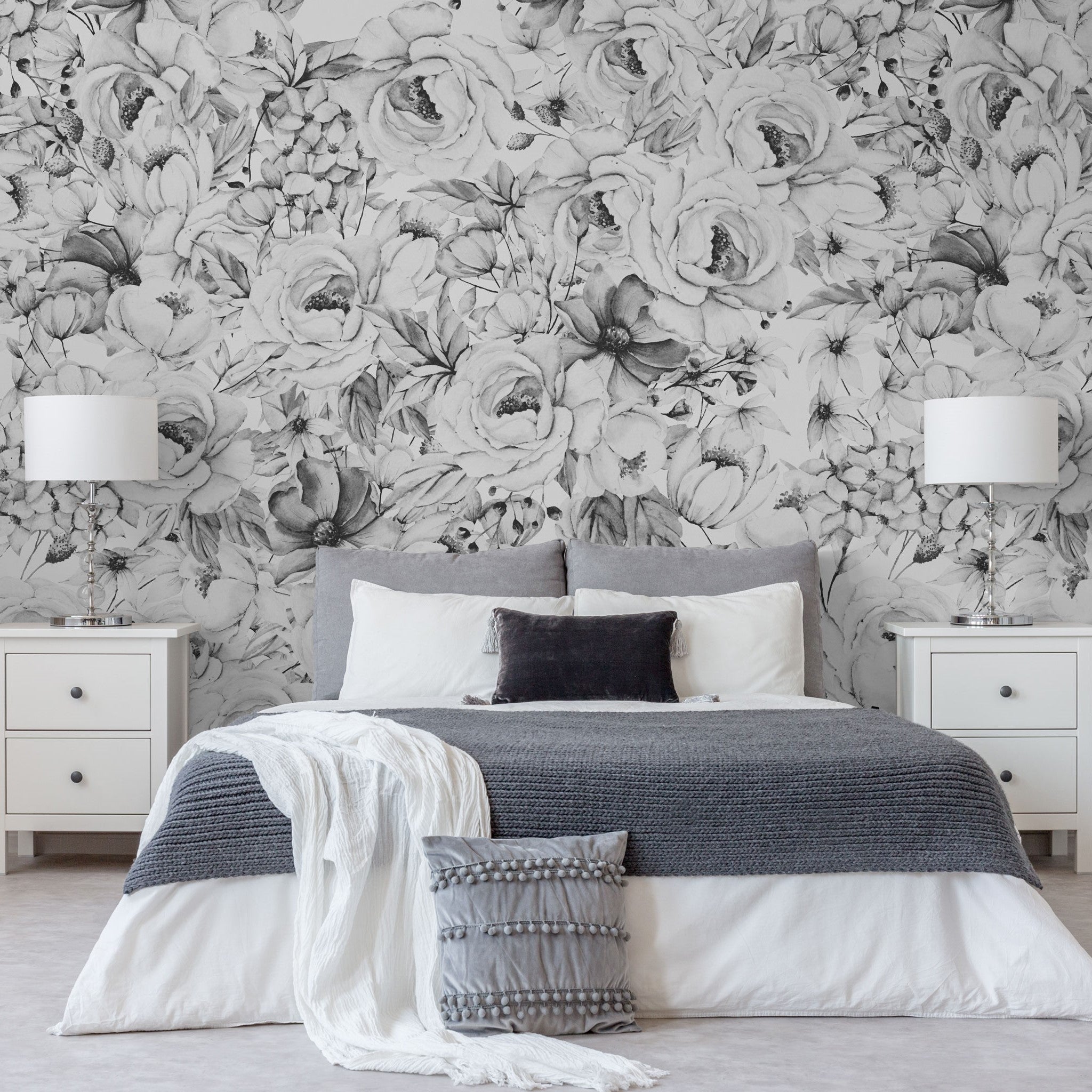 Juliet ( Dark ) - Black and White Watercolor Floral Peel and Stick  Wallpaper– WALL BLUSH