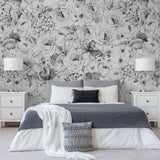 Elegant bedroom featuring Juliet (Dark) Wallpaper by Wall Blush, with floral design and modern decor.