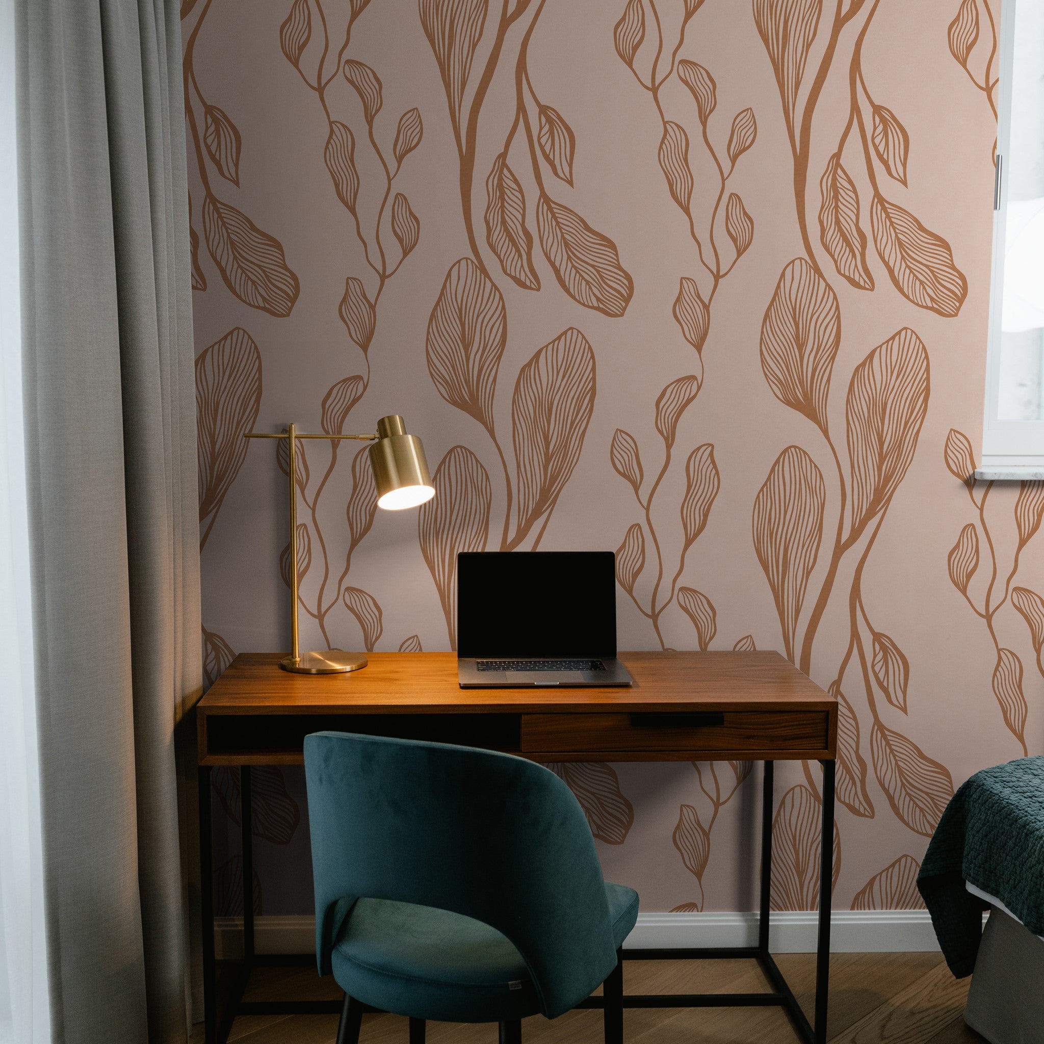 "Femme Wallpaper by Wall Blush in a modern home office with stylish decor focusing on the elegant wall design."