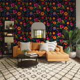 "Imelda Wallpaper by Wall Blush in a stylish living room, with colorful floral design as the focal point."