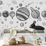 "Apollo Wallpaper by Wall Blush in modern bedroom, celestial pattern focus, stylish wall decor."