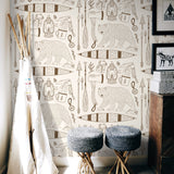 "Wall Blush's Trail Blazer (Cream) Wallpaper featured in a stylish corner with cozy seating and rustic accents."