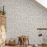 "Wall Blush Woodland (Tan) Wallpaper in a cozy children's room, animal patterns visible, enhancing playful decor."