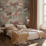 "Sage and Tango Wallpaper by Wall Blush in a cozy bedroom with bed highlighting the vibrant wall decor."