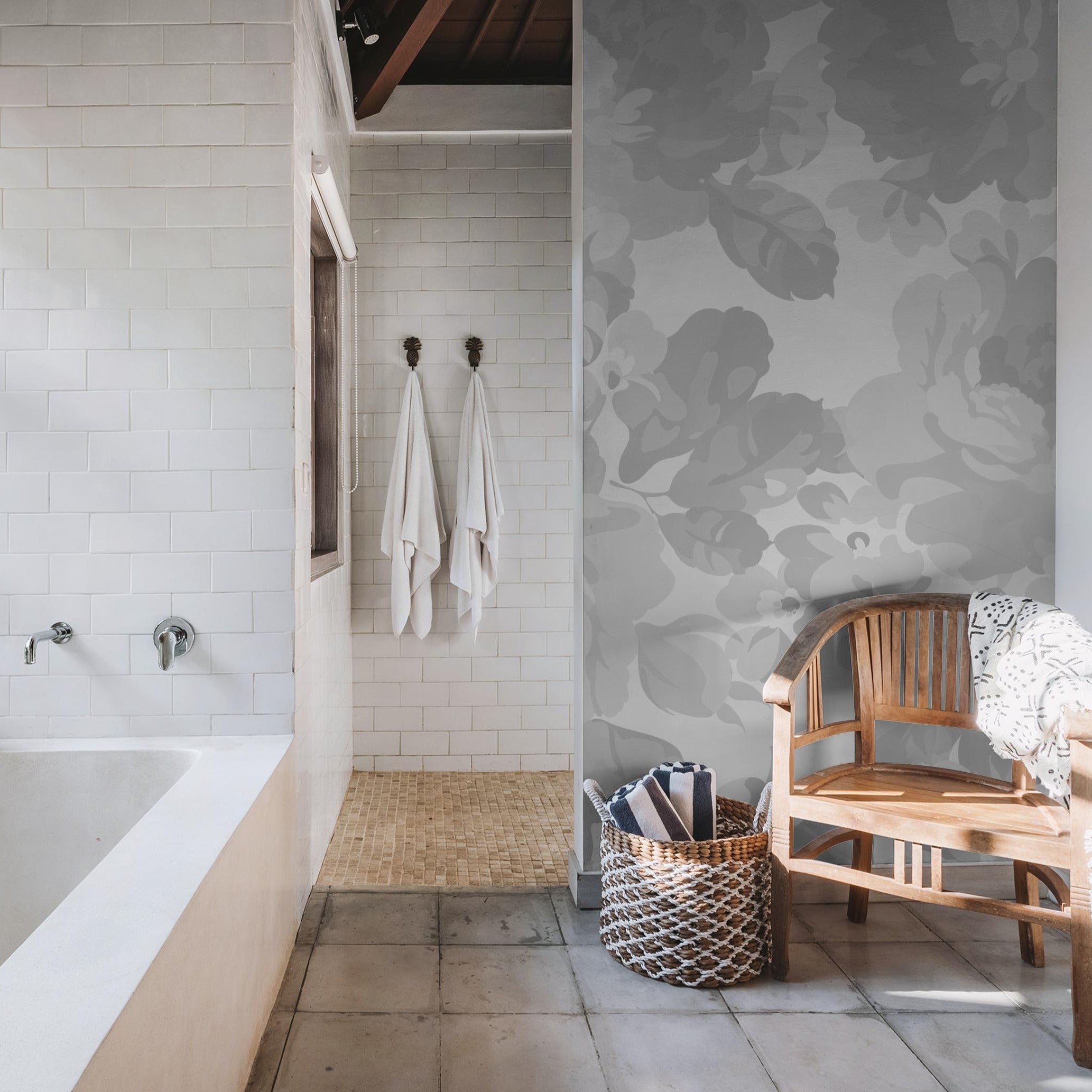"Terra Bloom (Gray) Wallpaper by Wall Blush in a stylish modern bathroom with focus on elegant floral design."