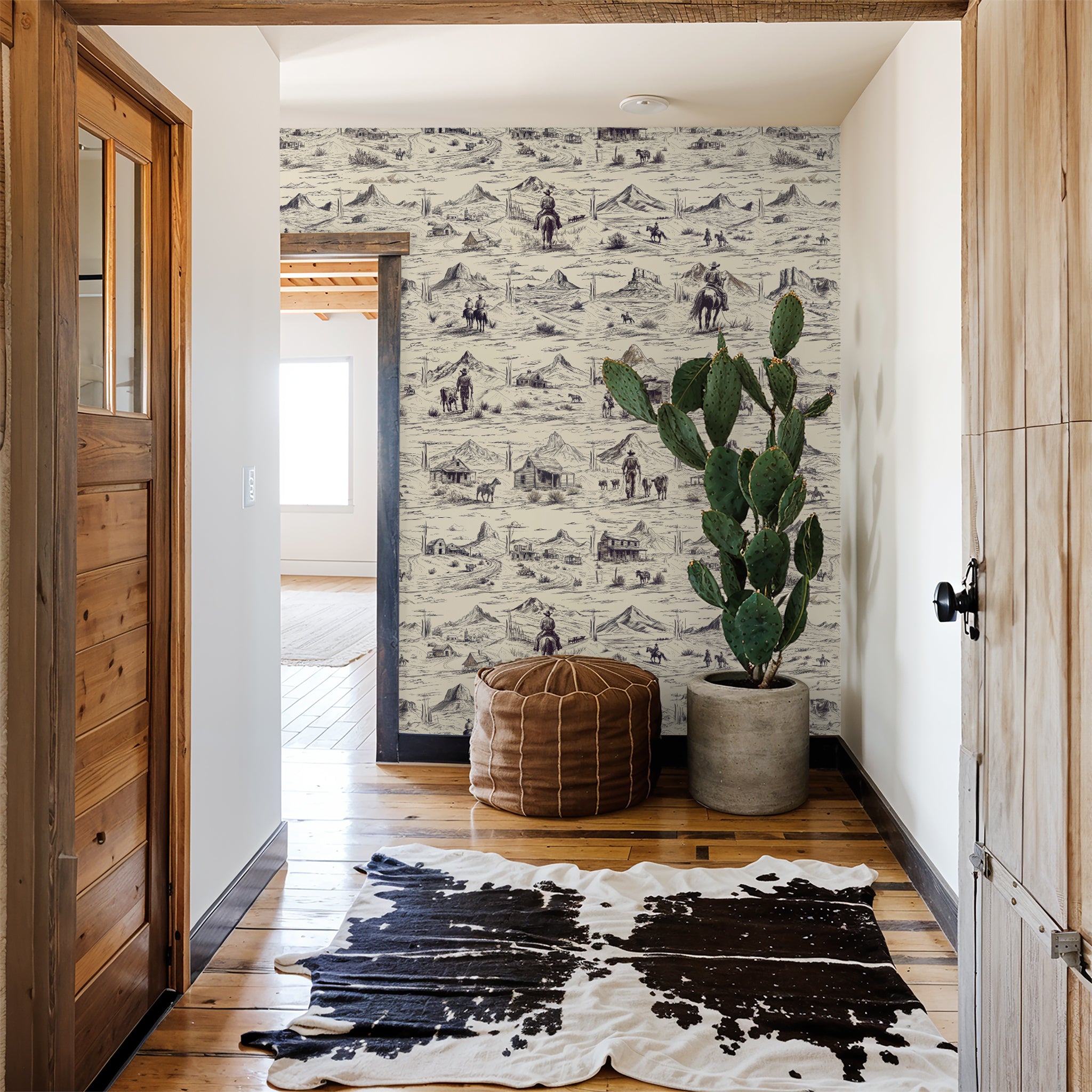 "Out West Wallpaper by Wall Blush in a stylish hallway, with a Western theme as the focal point."