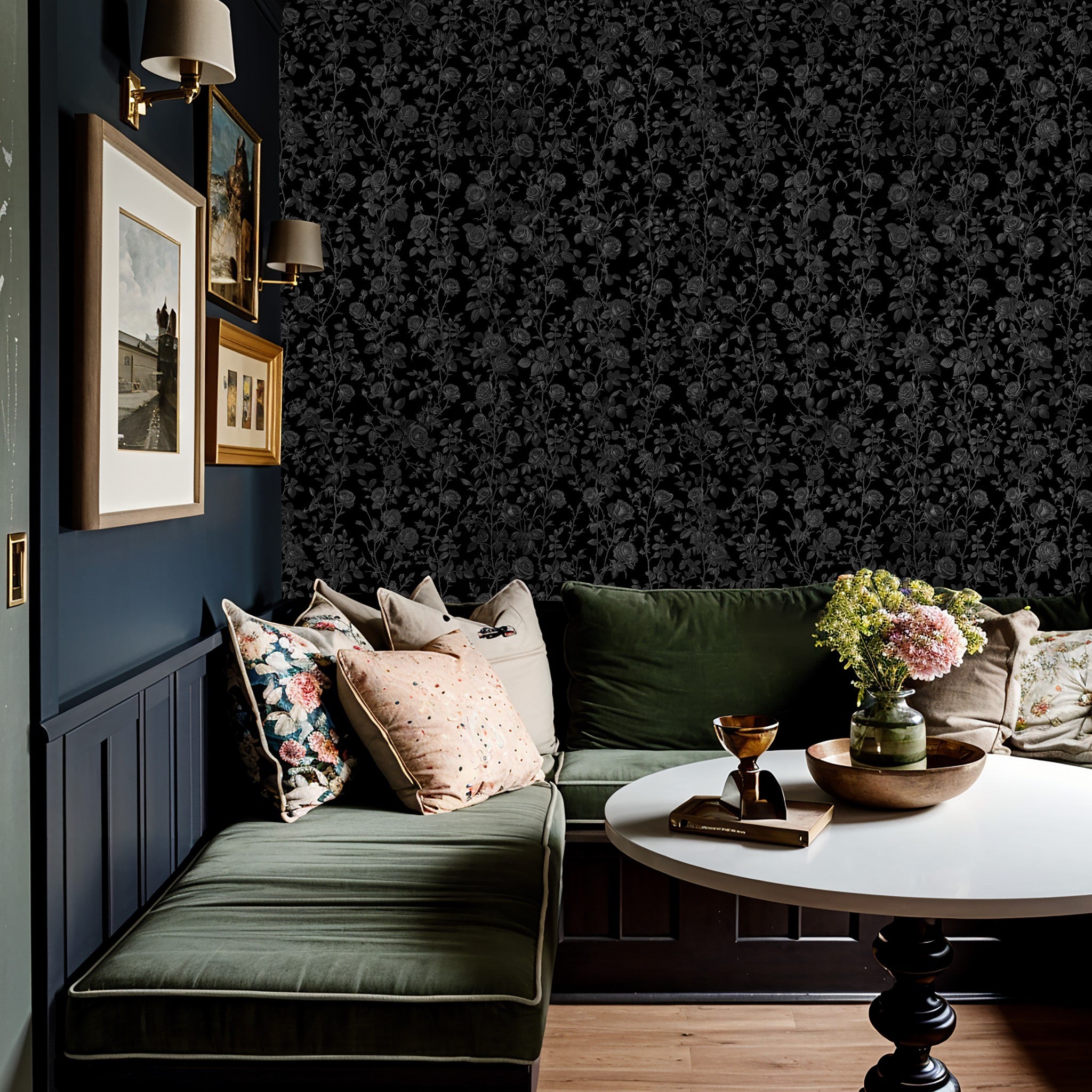 "Bellatrix Wallpaper by Wall Blush dominating the elegant living room decor with a luxurious feel."