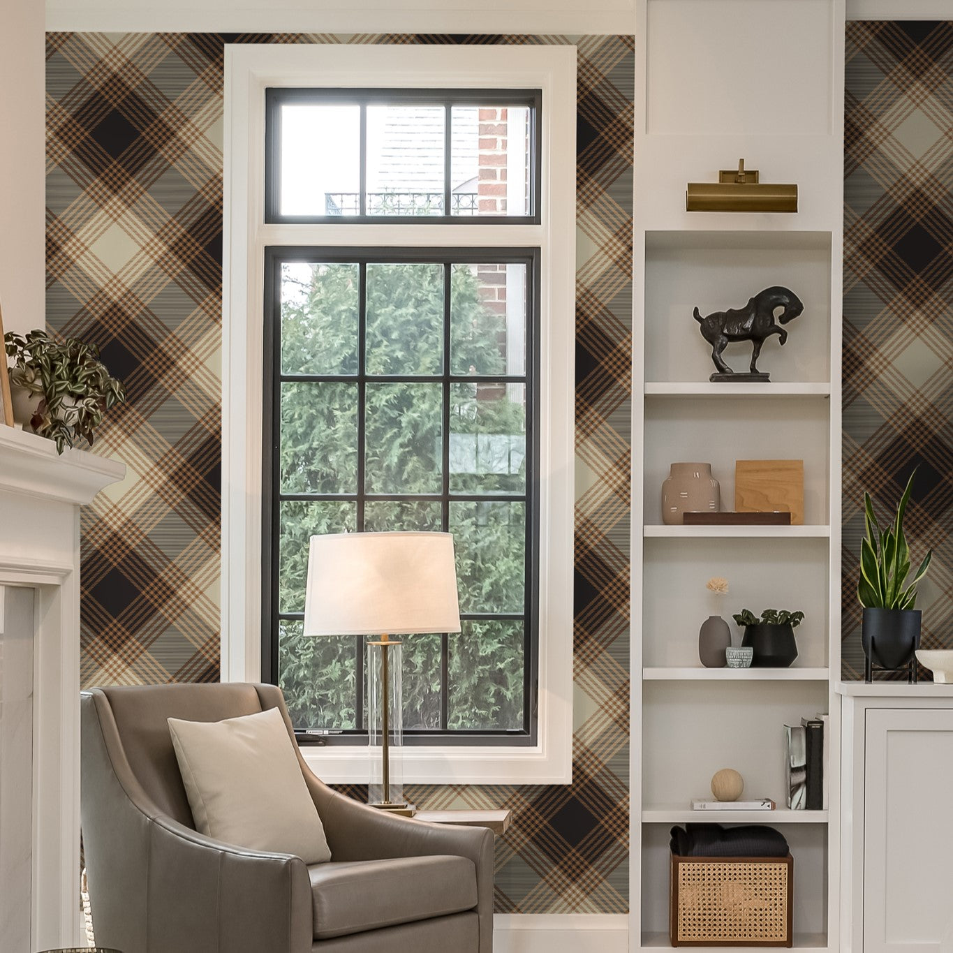 "Franklin Wallpaper by Wall Blush installed in a cozy living room, showcasing patterned wall focus."