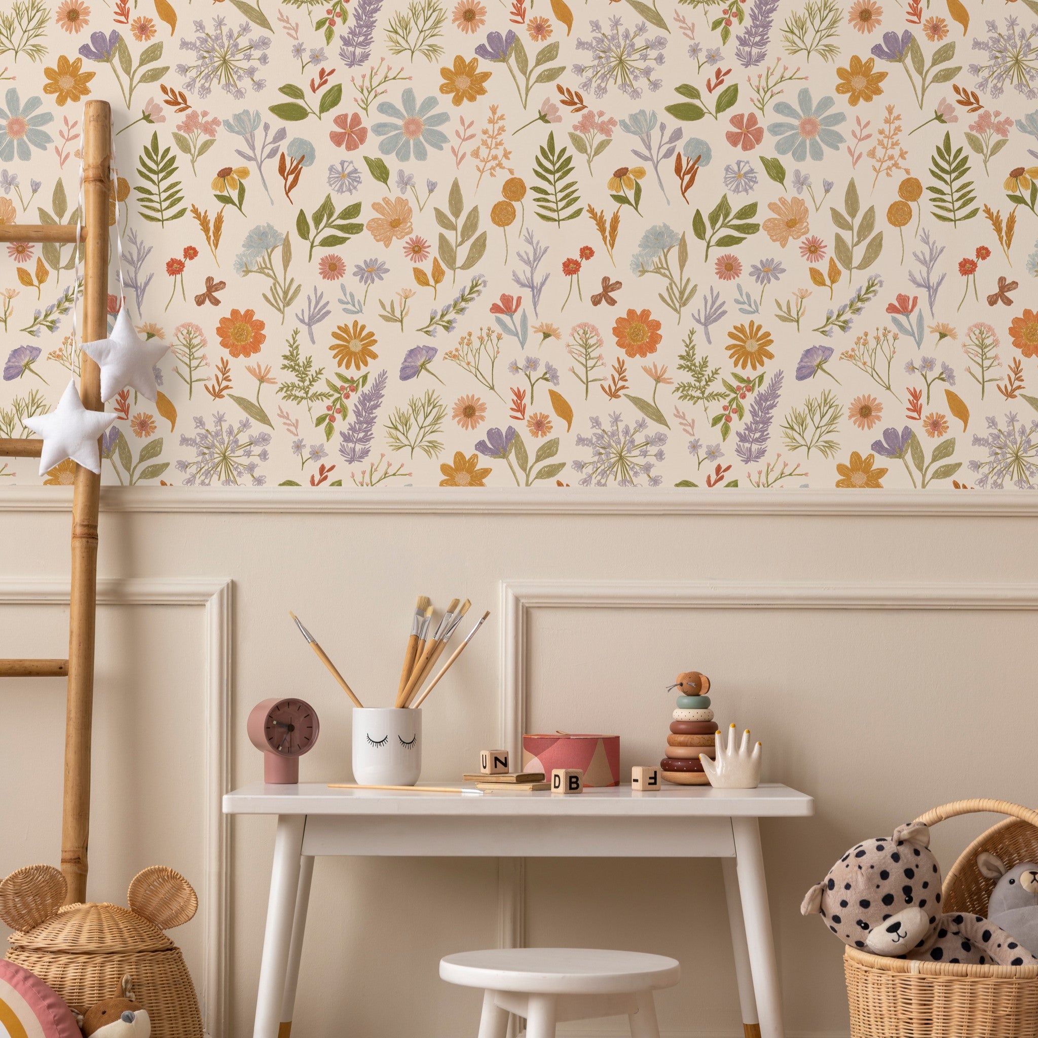 Lily's Field Wallpaper by Wall Blush in a kids' room with a floral theme and pastel colors.