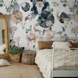 "Wall Blush Lawless Rose Wallpaper in a cozy bedroom setting enhancing the room's aesthetic with floral motifs."