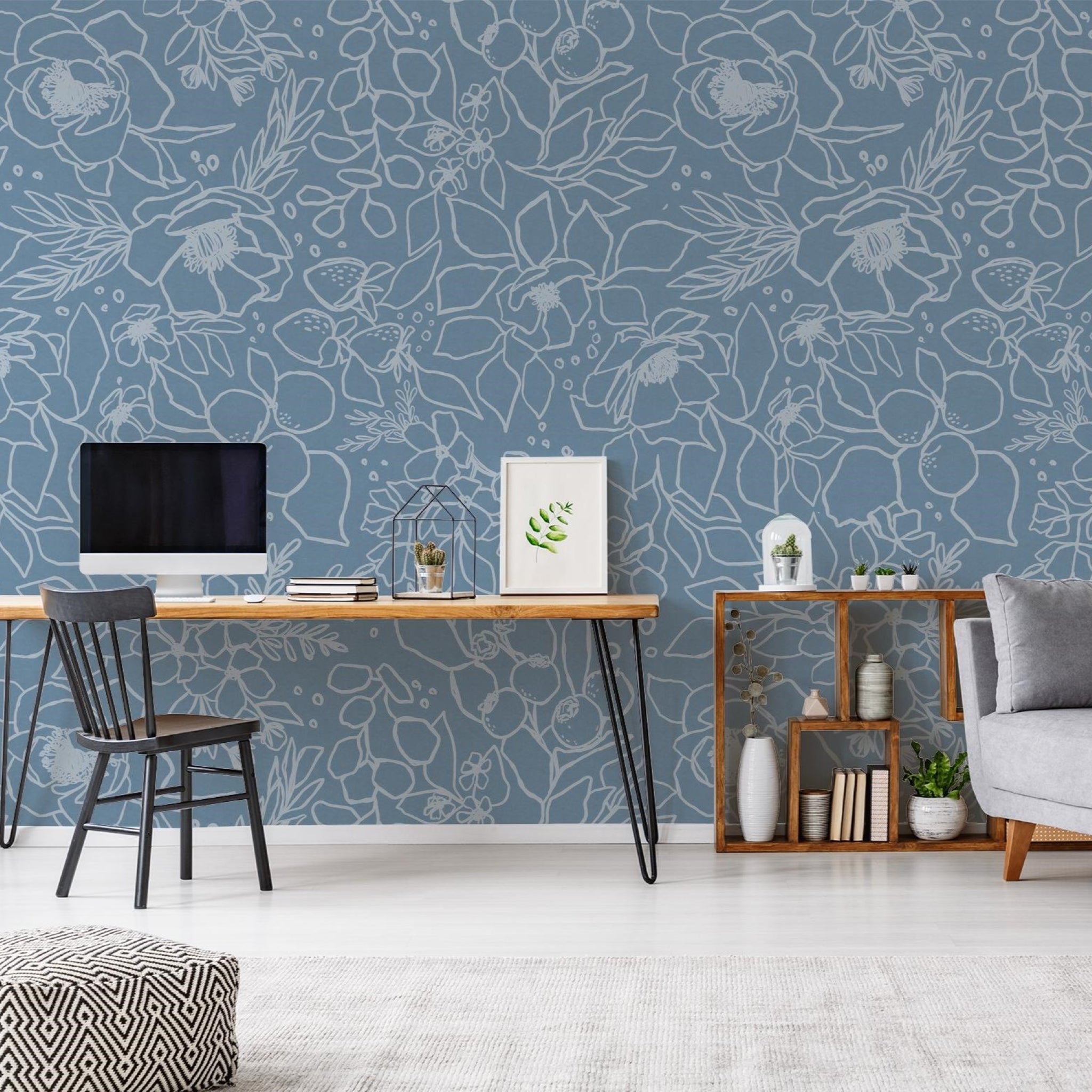 "Wall Blush's Paige (Blue) Wallpaper in a stylish home office setting with desk and modern decor."