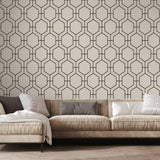 Modern Love Affair Wallpaper by The Tamra Judge Line in an elegant living room setting, highlighting the bold pattern.
