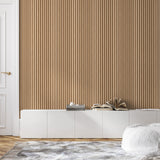 "Timber Wallpaper by Wall Blush featured in a minimalist living room, accentuating the modern decor."