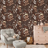 "Cozy living room with Wall Blush Mushy (Maroon) Wallpaper featuring floral patterns and stylish furniture."