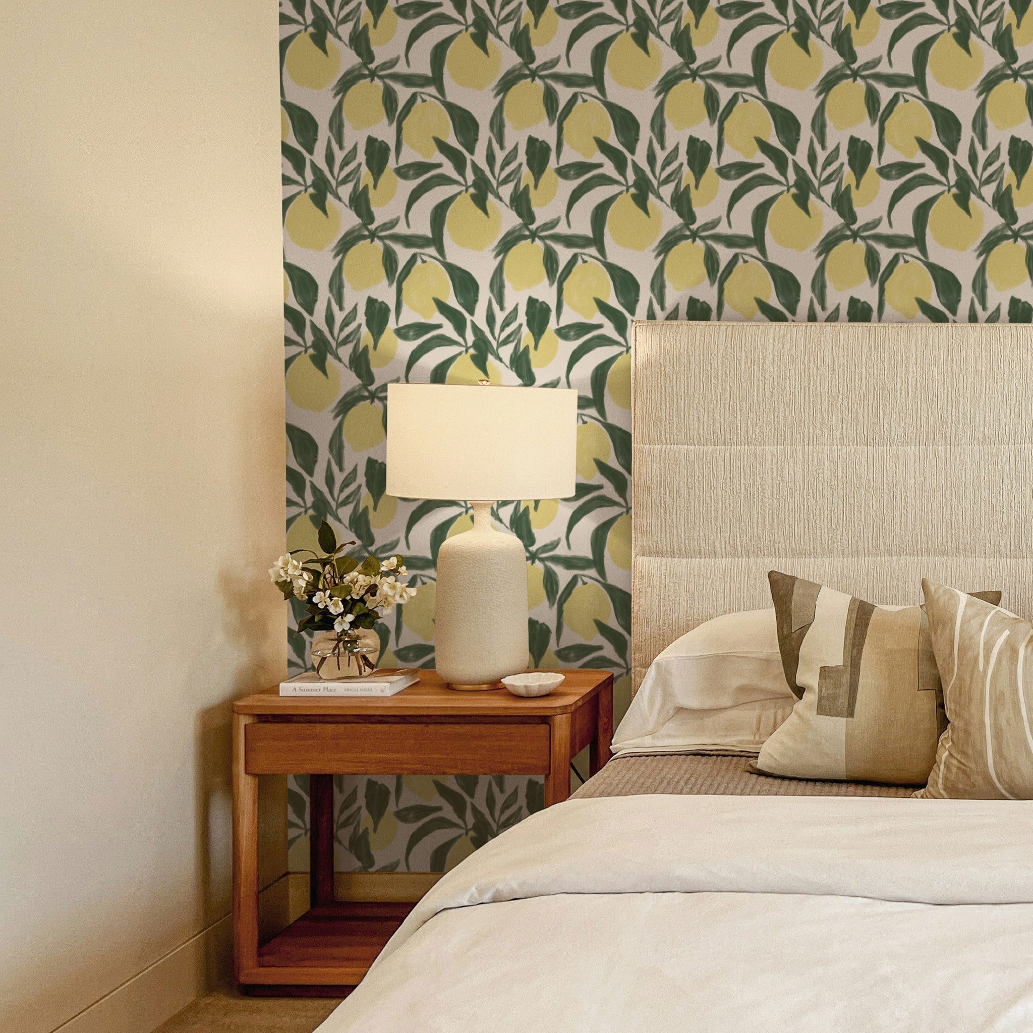 "Zesty Wallpaper by Wall Blush showcased in a serene bedroom setting, highlighting pattern and decor."