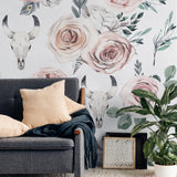Alt: "Nomad Wallpaper by Wall Blush featuring floral design in a stylish living room, accentuating the space's modern decor."