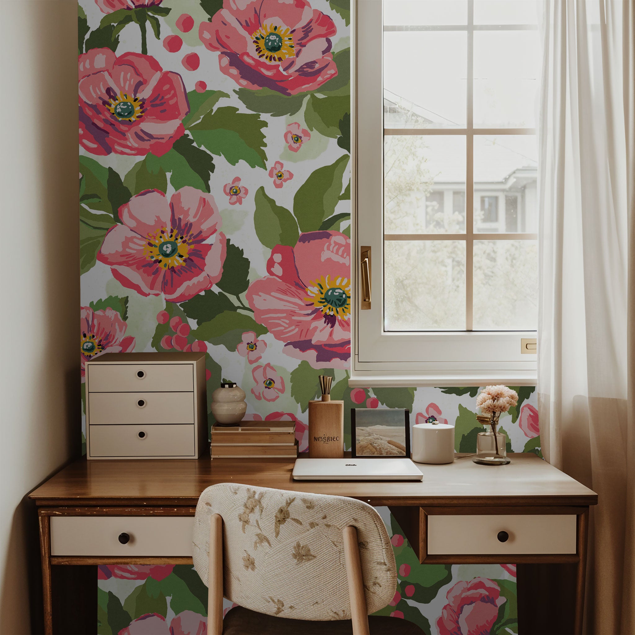 "Wall Blush Anemones Wallpaper enhancing a cozy home office setup, with floral focus for stylish interiors."