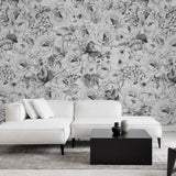 Wall Blush's Juliet (Dark) Wallpaper featured in a modern living room, highlighting the elegant floral design.