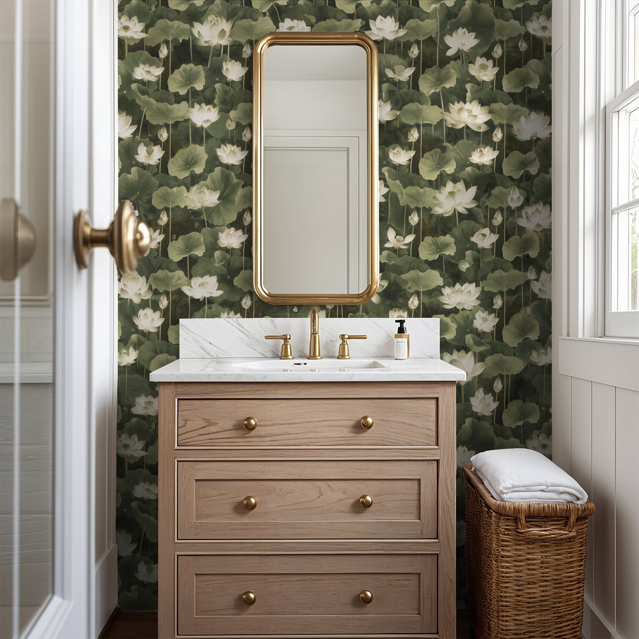 "Wall Blush Monet Wallpaper in an elegant bathroom, showcasing floral design as the focal point for home decor."