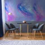"Malibu Wallpaper by Wall Blush accentuating a modern dining room's decor with vibrant colors and artistic design."