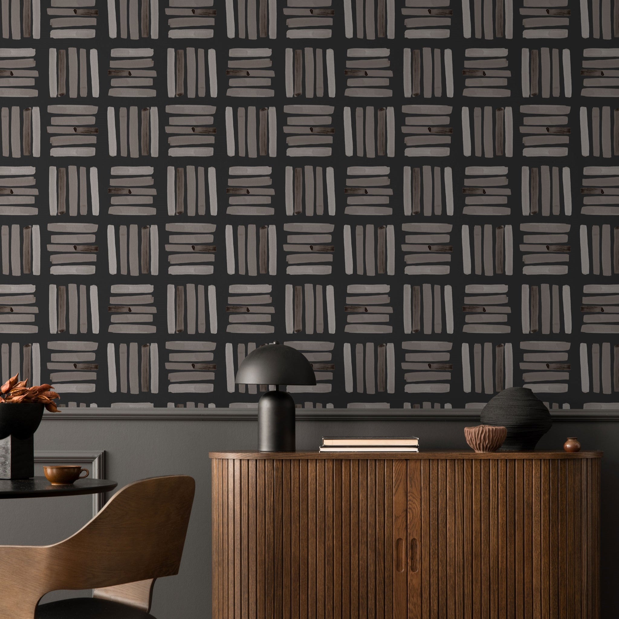 "Dewey (Dark) Wallpaper by Wall Blush enhancing the modern home office ambiance, with focus on elegant wall design."