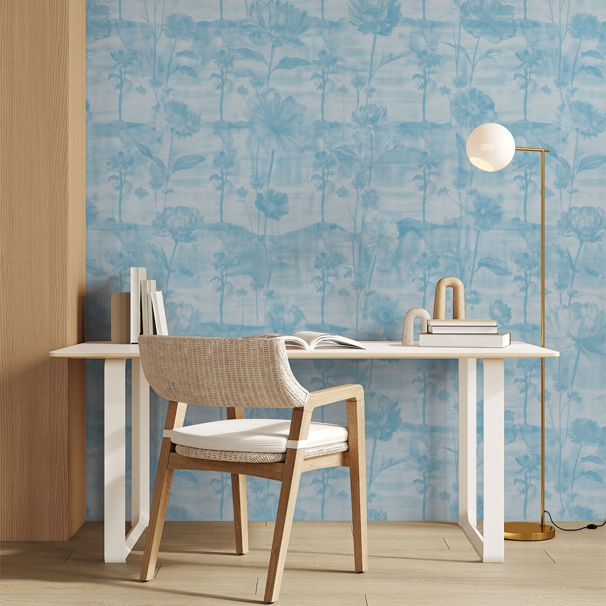 "Wall Blush's Lavina (Blue) Wallpaper featured in a stylish home office setting, accentuating the wall."