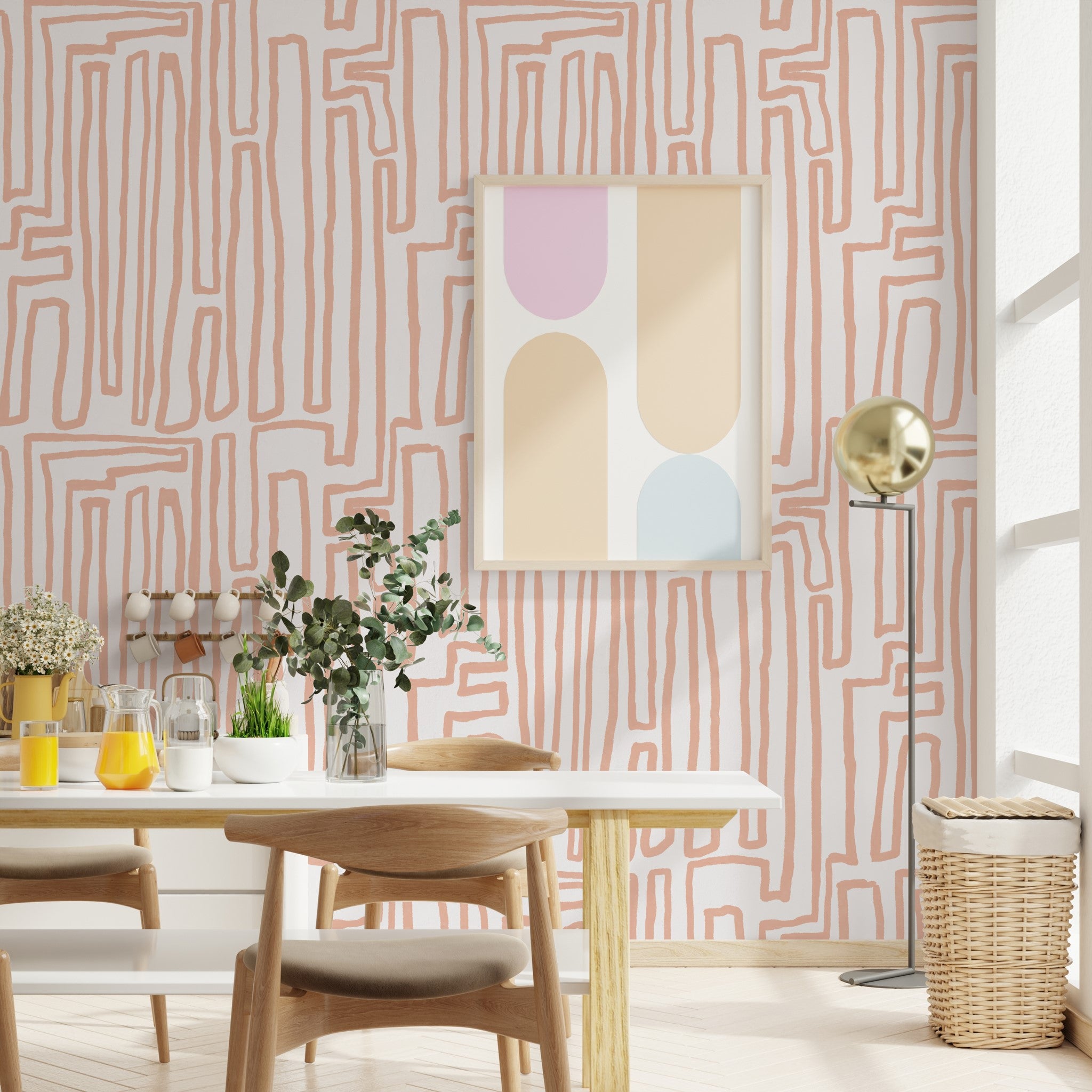 "IDK Wallpaper design by Wall Blush enhancing modern dining room décor with artistic appeal."