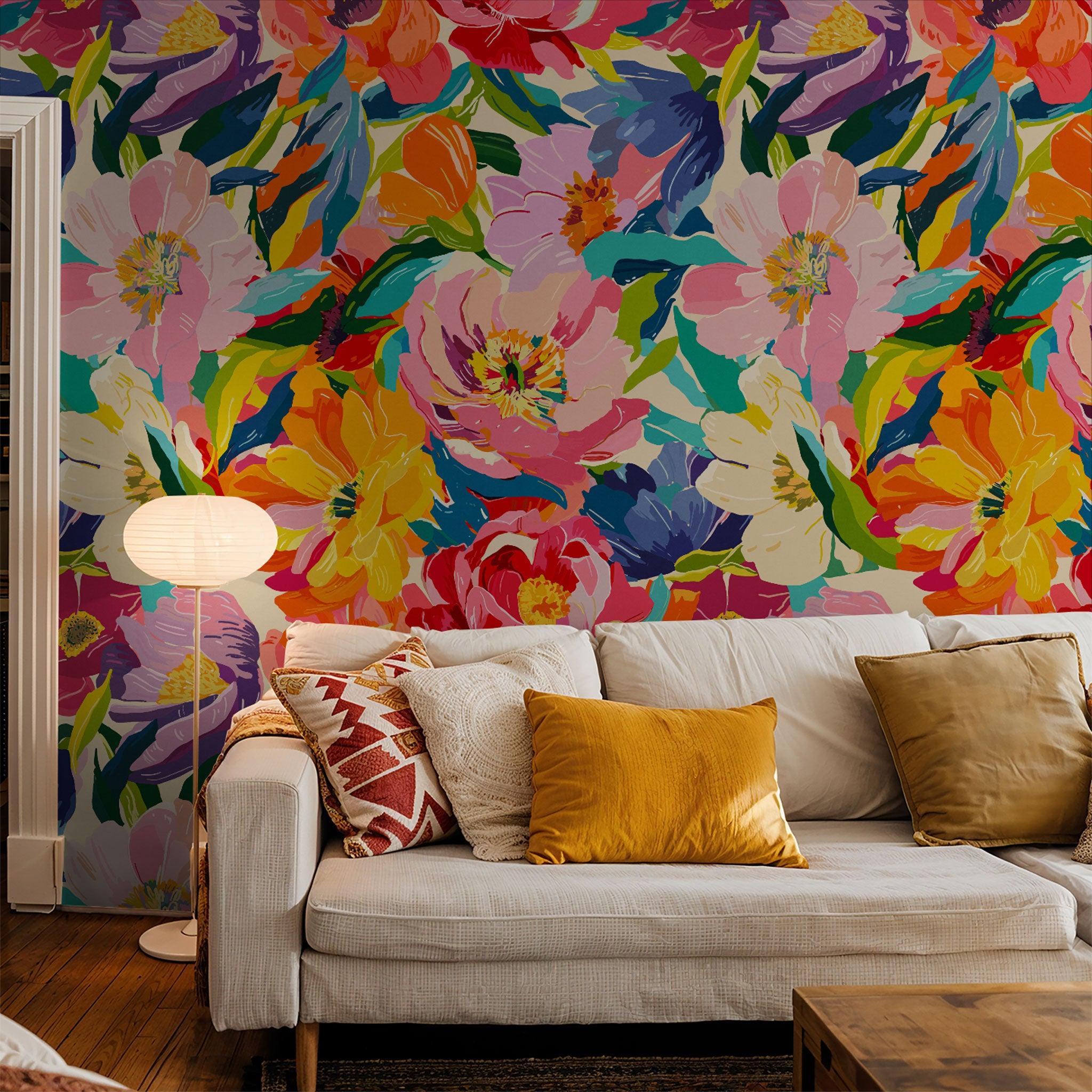 "Vibrant Rebbie Wallpaper by Wall Blush in a cozy living room with floral design focus"