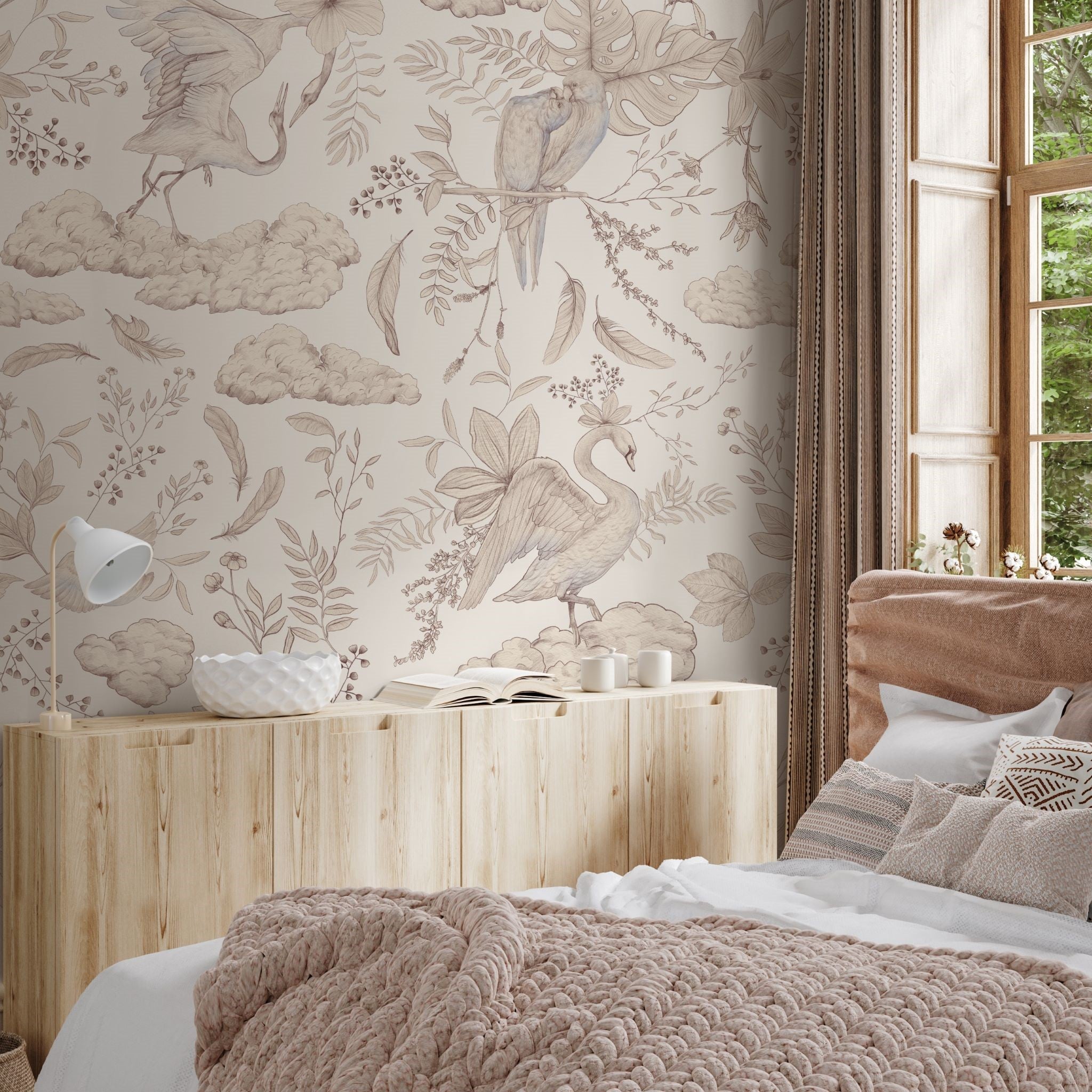 Alt: "Odette Wallpaper by Wall Blush adds an elegant touch to this cozy bedroom, highlighting the decorative wall focus."