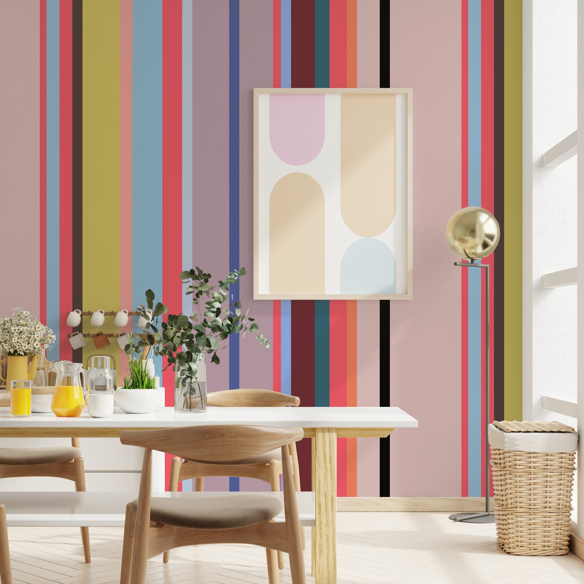 "Wall Blush's So Fetch Wallpaper featuring colorful stripes in a modern dining room setting with stylish decor."