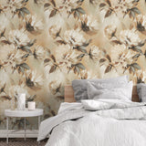 "The Becky Wallpaper from Wall Blush in a cozy bedroom setting, showcasing the floral design as the focal point."