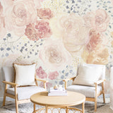 "Wall Blush's Pastel Posey Wallpaper showcased in a cozy room with elegant chairs and a wooden table."