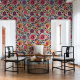 Azalea Wallpaper by Wall Blush adding vibrant elegance to the living room walls.
