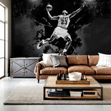 "Wall Blush's The GOAT Wallpaper featuring a dynamic basketball player in a stylish living room setting."