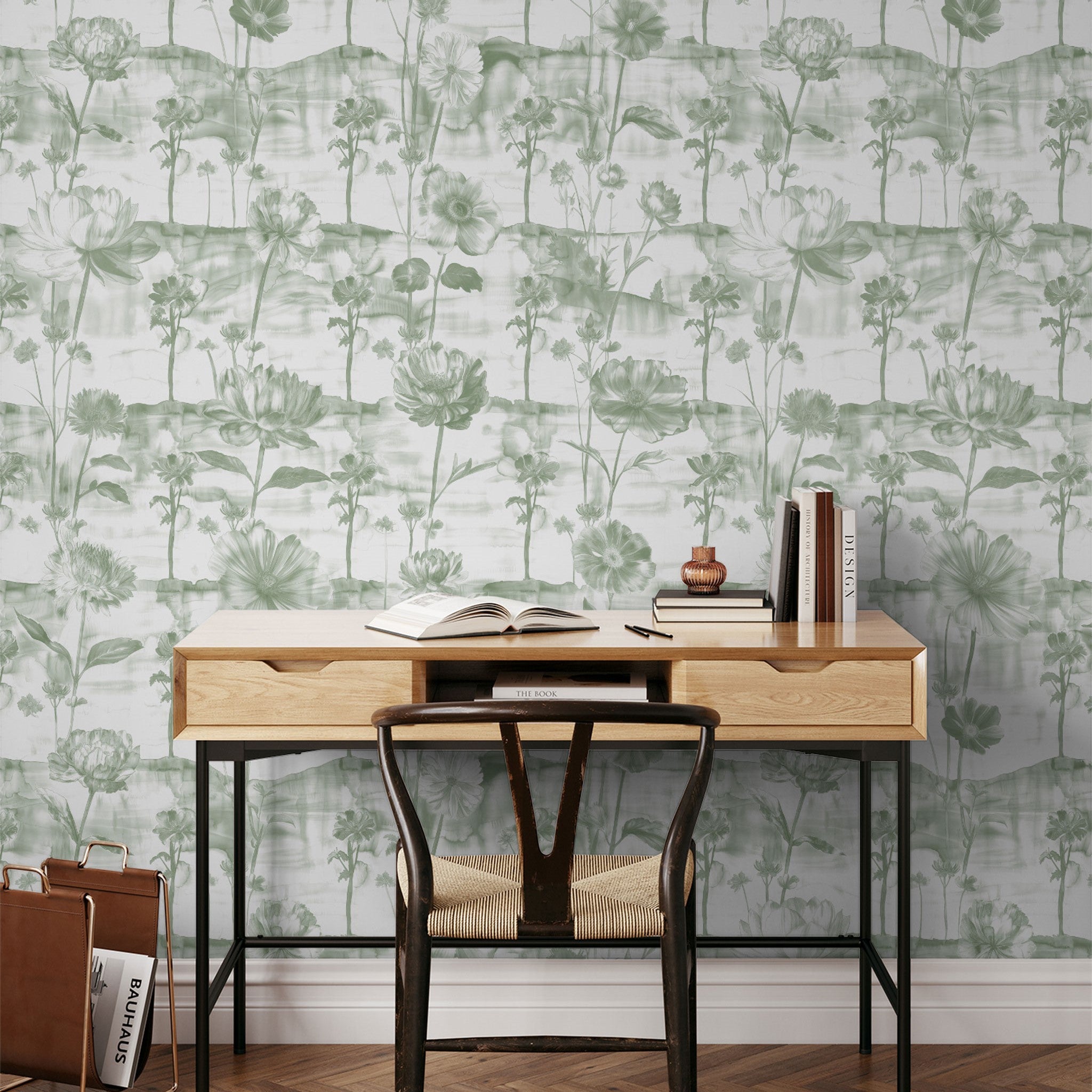 "Wall Blush's Lavina (Green) Wallpaper in a modern study room, enhancing the space with rich floral patterns."