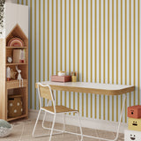 "Alcott Wallpaper by Wall Blush in a modern home office with striped pattern emphasizing wall decor."